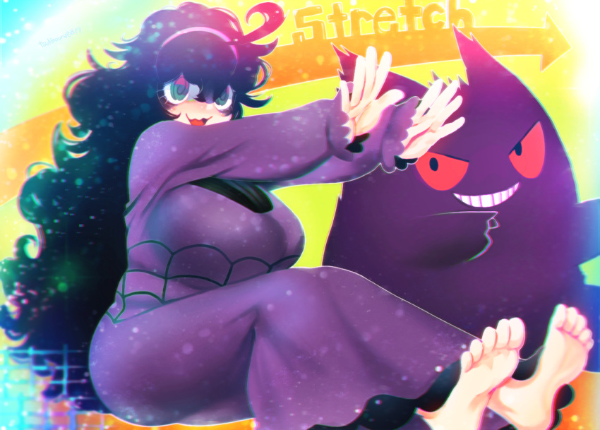 1girl :3 @_@ ahoge al_bhed_eyes arms_up artist_name bangs barefoot black_eyes black_hair blush breasts creatures_(company) directional_arrow dress english_text feet female full_body game_freak gen_1_pokemon gengar green_eyes hair_between_eyes hairband hakkasame happy hex_maniac_(pokemon) huge_breasts long_dress long_hair long_sleeves looking_at_another messy_hair nintendo nose_blush npc_trainer open_mouth outstretched_arms pokemon pokemon_(creature) pokemon_(game) pokemon_xy purple_dress purple_hairband red_sclera signature sitting smile stretch teeth twitter_username very_long_hair yellow_background