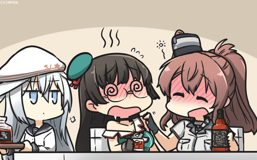 @_@ ^_^ ^o^ alcohol aqua_hat beret black_gloves black_hair black_sailor_collar blue_eyes blush breast_pocket brown_hair check_commentary choukai_(kantai_collection) closed_eyes collarbone commentary_request dated dress drunk fingerless_gloves flying_sweatdrops gloves hair_between_eyes hammer_and_sickle hamu_koutarou hat hibiki_(kantai_collection) highres jitome kantai_collection long_hair long_sleeves mini_hat multiple_girls open_mouth partial_commentary pocket remodel_(kantai_collection) sailor_collar sailor_shirt saratoga_(kantai_collection) shirt short_sleeves side_ponytail silver_hair single_glove sleeveless smile verniy_(kantai_collection) white_dress white_hat white_shirt