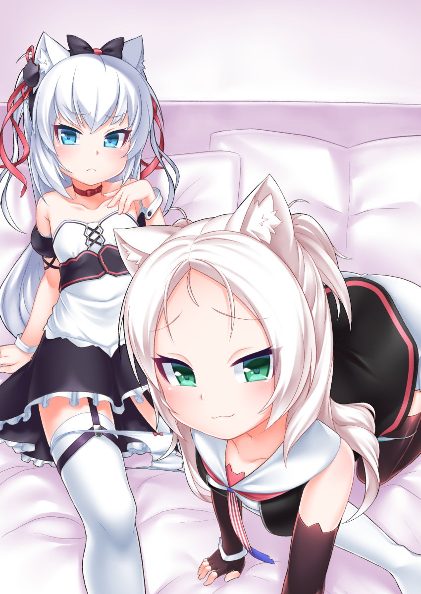 :3 all_fours american_flag american_flag_print animal_ear_fluff animal_ears apron azur_lane bangs bed_sheet black_bow black_dress blue_eyes blush bow bow_panties breasts brown_gloves cat_ears cat_hair_ornament closed_mouth collarbone commentary_request detached_sleeves dress elbow_gloves eyebrows_visible_through_hair feet_out_of_frame fingerless_gloves fingernails flag_print forehead frilled_dress frills gloves green_eyes hair_between_eyes hair_bow hair_ornament hair_ribbon hair_strand hammann_(azur_lane) hand_up heart heart-shaped_pupils highres kirisame_mia long_hair multiple_girls panties panty_pull parted_bangs pillow print_neckwear puffy_short_sleeves puffy_sleeves red_ribbon remodel_(azur_lane) ribbon short_sleeves silver_hair sims_(azur_lane) small_breasts strapless strapless_dress striped striped_panties symbol-shaped_pupils thighhighs tsurime underwear very_long_hair waist_apron white_apron white_hair white_legwear white_panties wrist_cuffs