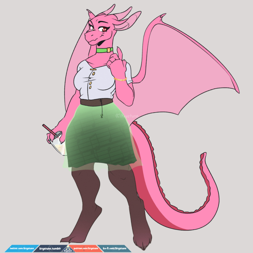 5_fingers anthro breasts claws clothed clothing collar digital_media_(artwork) dragon female flower horn krystune legwear limeade membranous_wings plant rose rose_(natsunomeryu) scalie smile solo standing stockings western_dragon wings