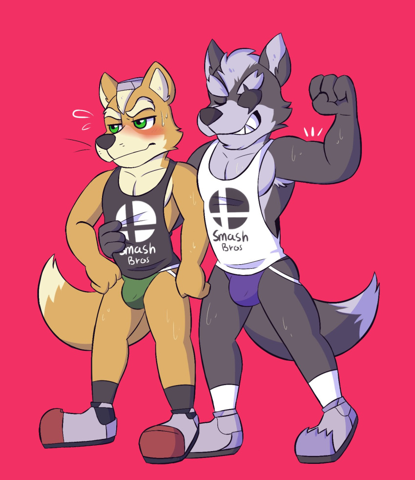 anthro armpit_hair blush bulge canine clothed clothing duo embrace flexing fox fox_mccloud grin half_naked jockstrap male male/male mammal muscular muscular_male nintendo pose shirt smile star_fox sweat tank_top touyakemone underwear video_games wolf wolf_o'donnell