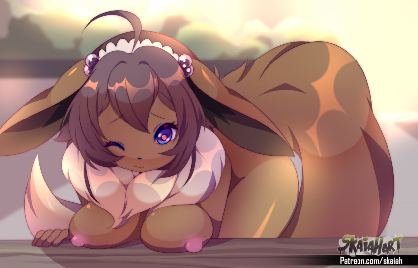 5_fingers anthro bent_over black_nose breasts brown_fur brown_hair chest_tuft dipstick_tail ears_down eevee eyelashes female fur hair long_tail looking_at_viewer multicolored_tail nintendo nipples nude one_eye_closed patreon pok&eacute;mon pok&eacute;mon_(species) pok&eacute;morph purple_eyes skaiahart snout solo tuft url video_games watermark white_fur