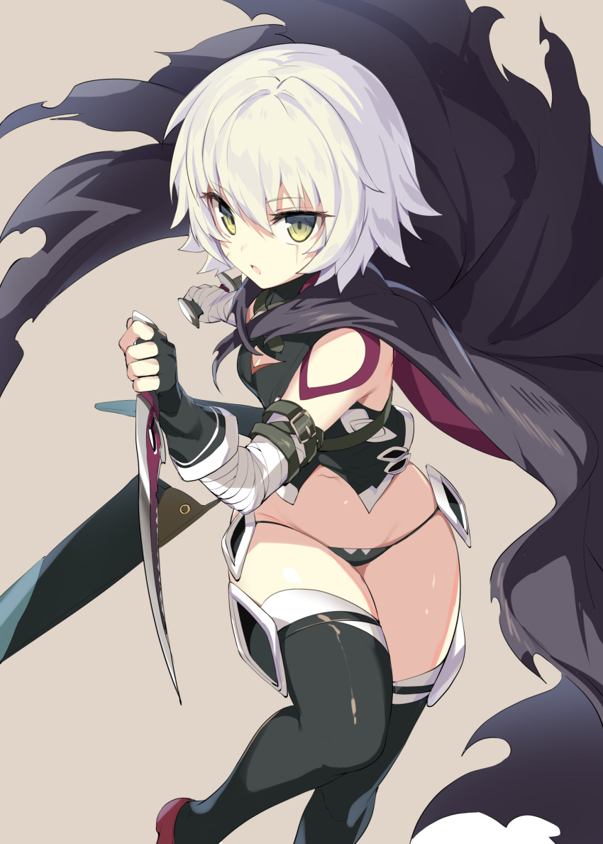 arm_belt bandaged_arm bandages black_gloves black_legwear black_panties cape cleavage_cutout crop_top dual_wielding facial_scar fate/apocrypha fate/grand_order fate_(series) fingerless_gloves flat_chest gloves green_eyes grey_background highres holding ikomochi jack_the_ripper_(fate/apocrypha) knife lowleg lowleg_panties panties scar scar_across_eye scar_on_cheek short_hair shoulder_tattoo silver_hair simple_background single_glove solo tattoo thighhighs underwear