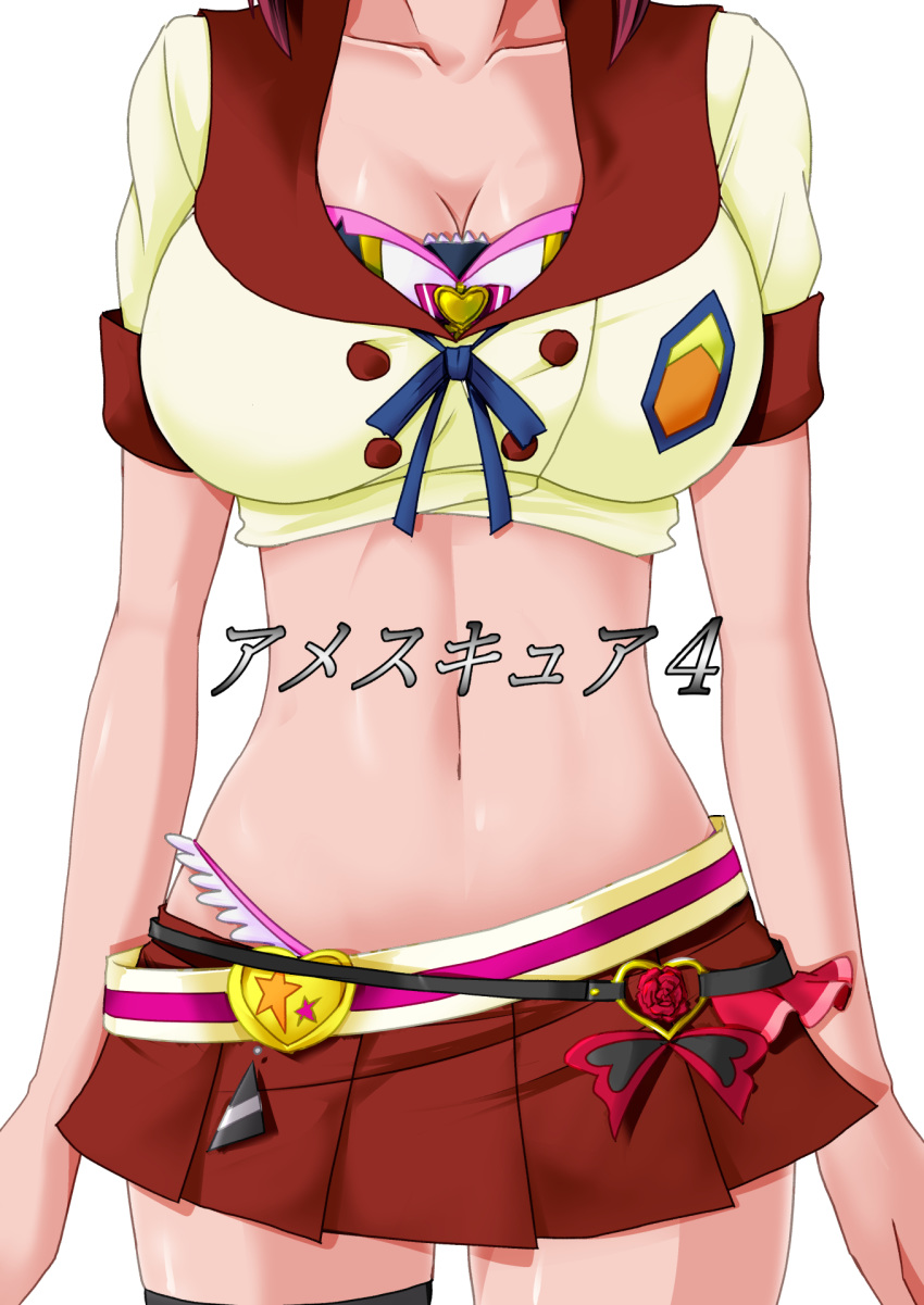 adapted_costume aino_megumi bare_arms black_legwear breasts cleavage crop_top happinesscharge_precure! head_out_of_frame highres large_breasts midriff navel pleated_skirt precure red_skirt school_uniform simple_background single_thighhigh skirt solo standing tamo_(nama-yatsuhashi) thighhighs white_background