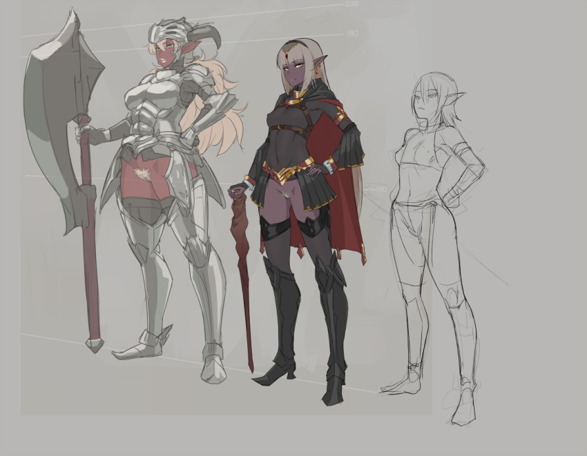 :&lt; age_difference armor armored_boots ass_visible_through_thighs axe bare_shoulders battle_axe blonde_hair boots bottomless bracelet cane cape commentary_request covered_nipples cowter dark_elf dark_skin elf hand_on_hip helm helmet high_heel_boots high_heels horns jewelry jitome lipstick long_hair looking_at_viewer makeup mikoyan multiple_girls original pointy_ears pubic_hair short_hair shoulder_armor silver_hair size_difference sketch spaulders staff thighhighs weapon yellow_eyes