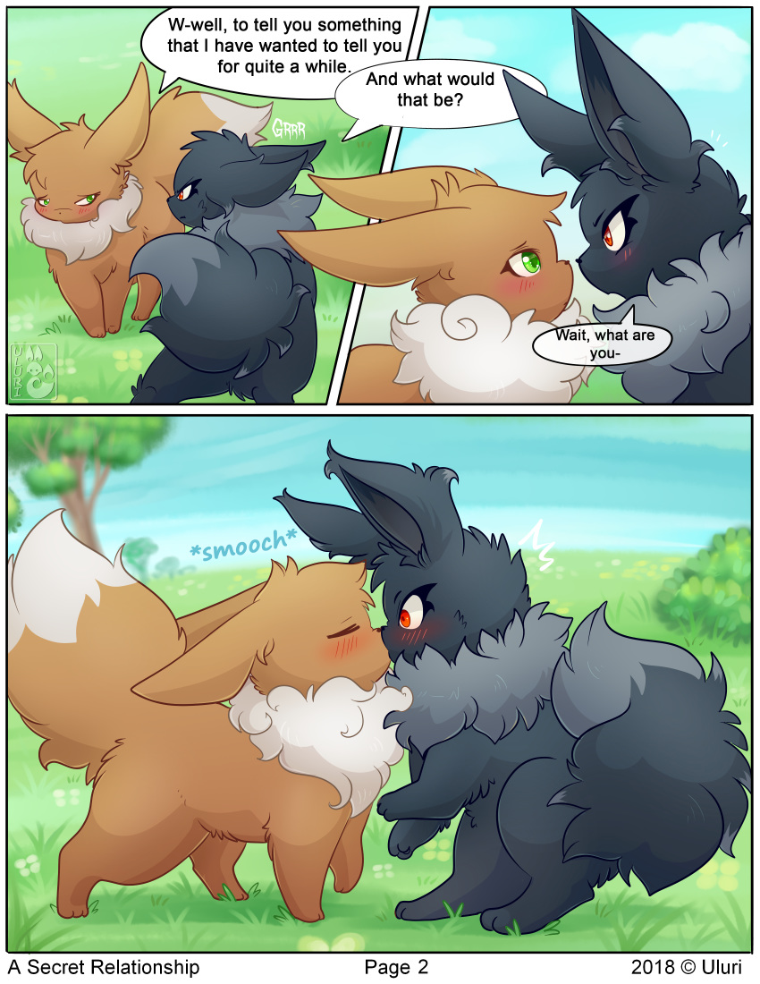 2018 3_toes ? all_fours alternate_color ambiguous_gender angry black_fur blush brown_fur brown_nose comic cute_fangs detailed_background dialogue dipstick_tail duo eevee english_text eye_contact eyes_closed feral fluffy fluffy_tail fur grass green_eyes hi_res kissing multicolored_tail nintendo on_grass open_mouth outside plant pok&eacute;mon pok&eacute;mon_(species) pond red_eyes shrub shy sky speech_bubble tears text toes tongue tree uluri video_games white_fur