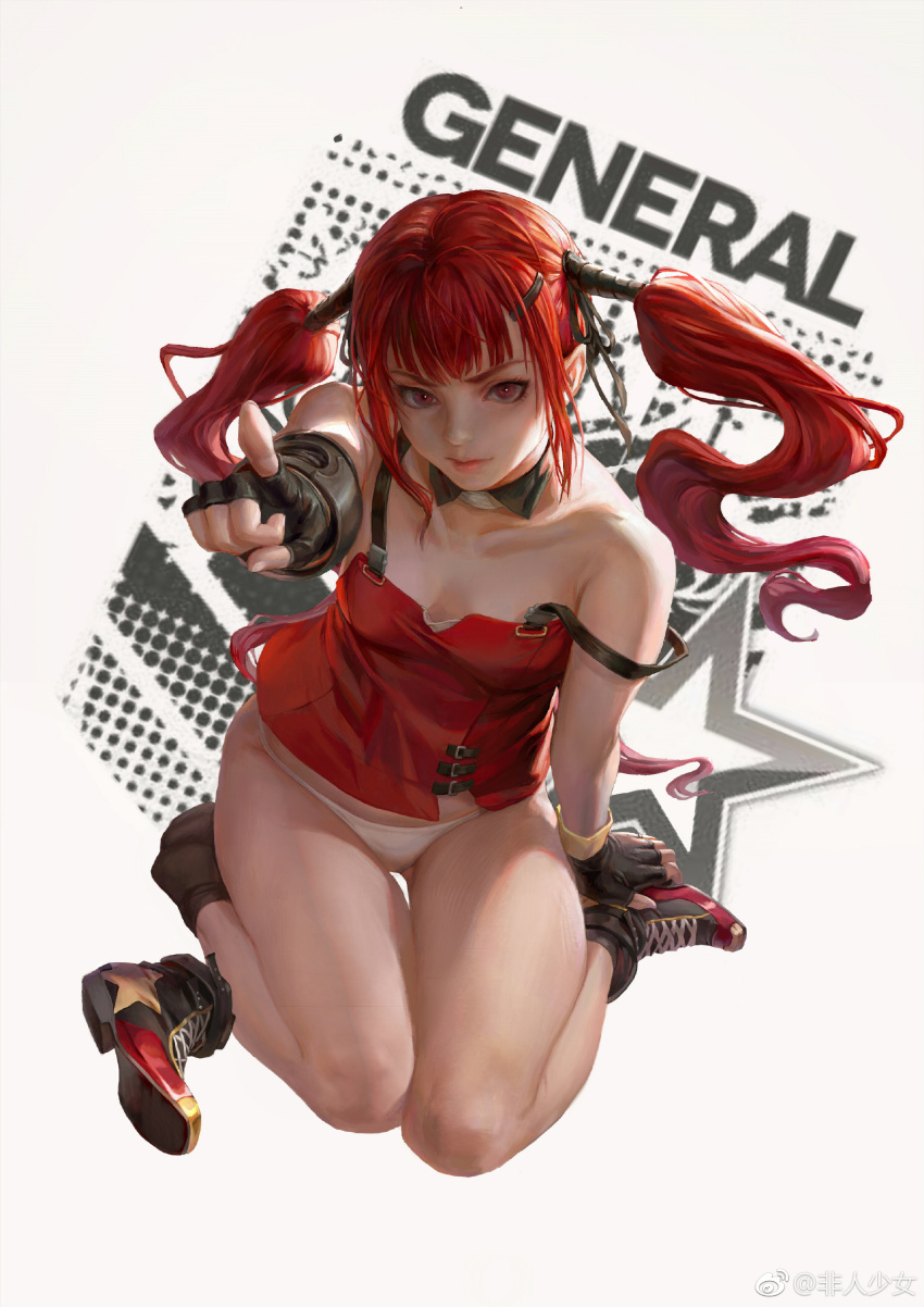 absurdres arm_at_side artist_name ass_visible_through_thighs bare_legs black_gloves black_legwear breasts collarbone cz-75_(girls_frontline) detached_collar feiren_shaonu fingerless_gloves girls_frontline gloves hair_ornament hairclip highres long_hair no_pants panties pointing pointing_at_viewer red_eyes red_hair shoe_removed sidelocks sitting small_breasts solo strap_slip twintails underwear weibo_username white_panties