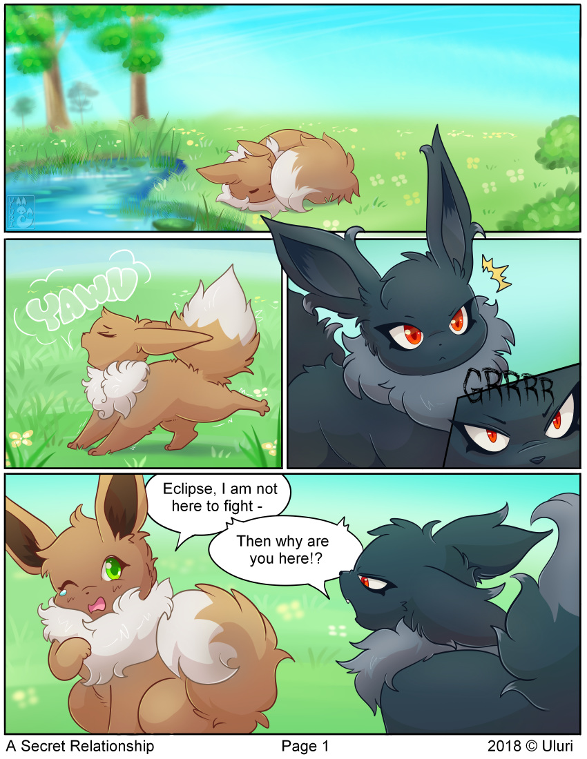 2018 ?! alternate_color ambiguous_gender angry black_fur brown_fur brown_nose comic cute_fangs detailed_background dialogue dipstick_tail duo eevee english_text feral fluffy fluffy_tail fur grass green_eyes hi_res multicolored_tail nintendo on_grass one_eye_closed open_mouth outside plant pok&eacute;mon pok&eacute;mon_(species) pond red_eyes shrub sky speech_bubble tears text tongue tree uluri video_games white_fur yawn