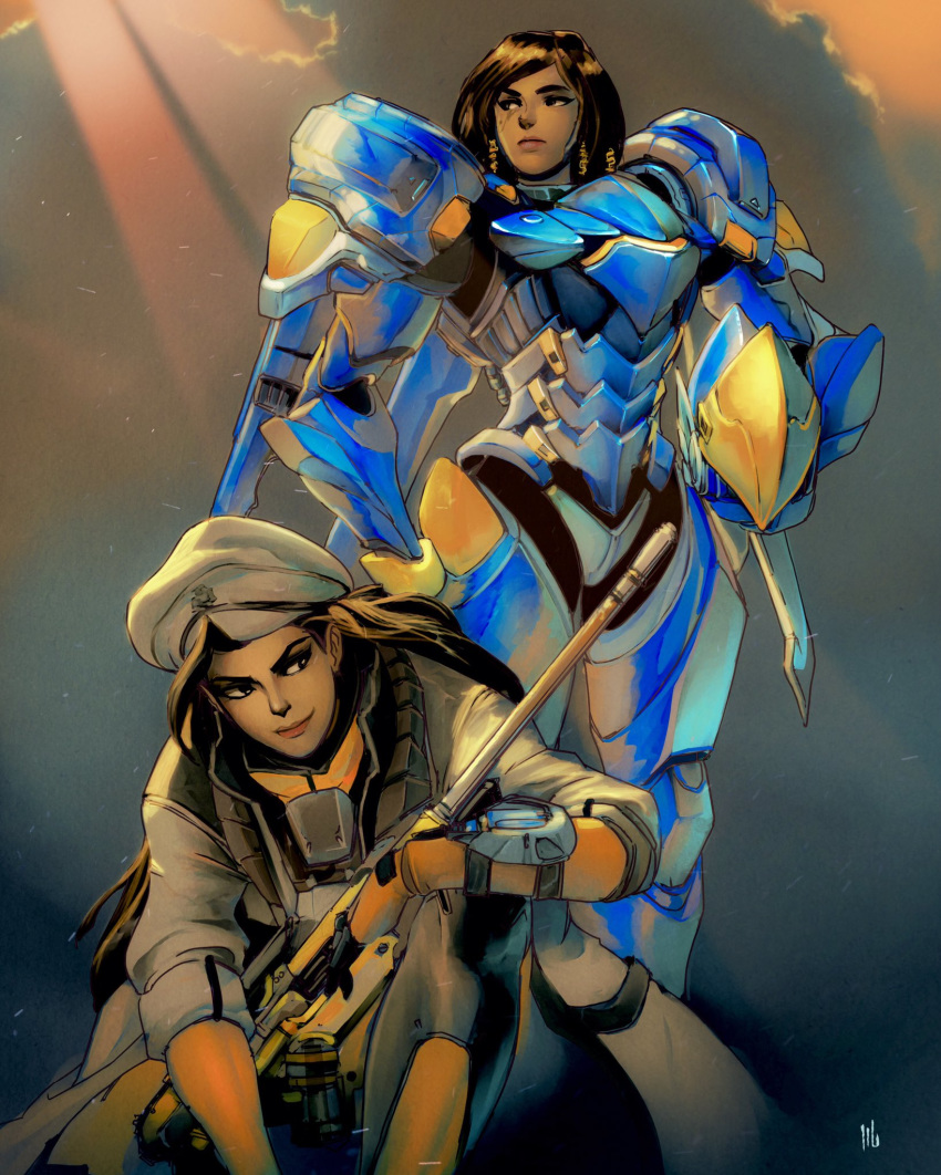 alternate_costume ana_(overwatch) beret black_hair cloud cloudy_sky commentary commission dark_skin david_liu english_commentary eye_of_horus hat helmet highres horus_ana long_hair mechanical_wings mother_and_daughter multiple_girls overwatch pharah_(overwatch) power_armor sky time_paradox wings younger