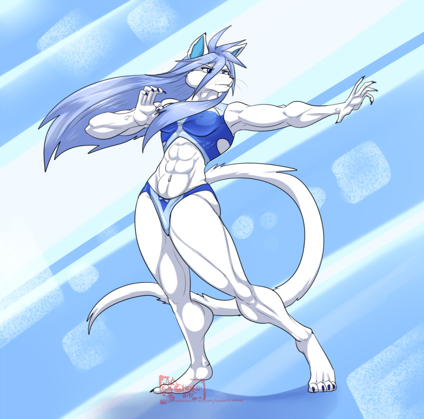 2018 4_toes 5_fingers abs anthro athletic black_nose blue_background blue_eyes blue_hair bra canine clothing digitigrade eyebrows female fox fur hair hungothenomster hybrid long_hair looking_aside mammal mouse muscular muscular_female muscular_thighs nipples panties pose rodent simple_background solo sophie_(hungothenomster) standing tight_clothing toes training_bra underwear whiskers white_fur white_skin