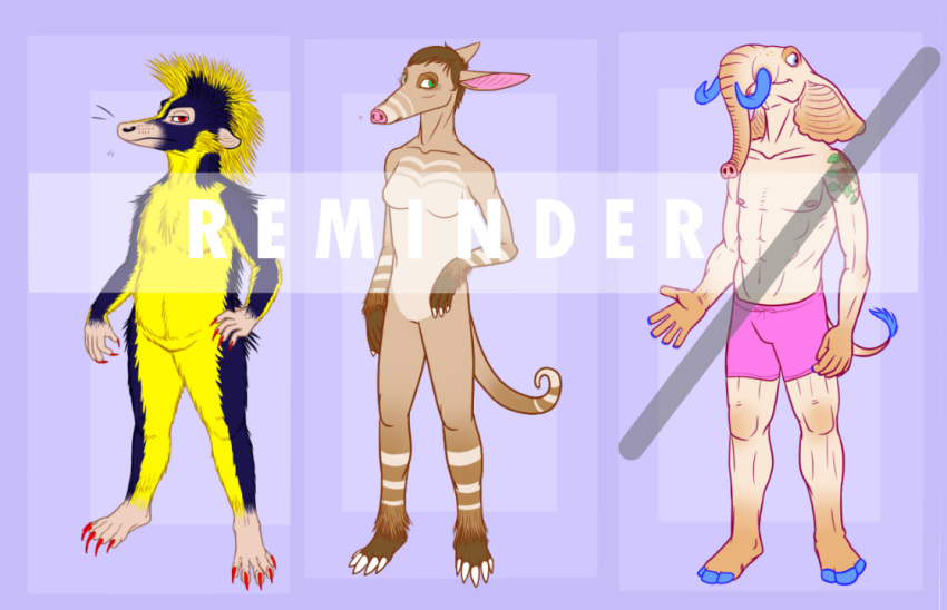 2018 4_fingers 5_fingers 5_toes aardvark abs afrosoricid ambiguous_gender anthro barefoot belly biped black_fur blue_eyes blue_hooves blue_tail boxers_(clothing) brown_fur brown_hair brown_skin brown_tail chest_tuft claws clothed clothing collarbone countershade_arms countershade_legs countershade_torso countershading digital_drawing_(artwork) digital_media_(artwork) dipstick_ears distracting_watermark ears_back elephant english_text eye_markings facial_markings featureless_crotch female floppy_ears front_view frown full-length_portrait fur fur_tuft gloves_(marking) group hair half-closed_eyes hand_on_hip hooved_fingers hooves humanoid_hands light_skin long_snout looking_aside looking_at_viewer looking_away lowland_streaked_tenrec male mammal markings multicolored_fur multicolored_skin multicolored_tail muscular muscular_male muzzle_(marking) navel nude overweight overweight_ambiguous pecs pig_nose pink_nose portrait proboscidean purple_background red_claws red_eyes short_hair simple_background smile snout socks_(marking) spines standing streaked_tenrec strillers striped_fur striped_tail stripes tail_tuft tan_countershading tan_fur tan_markings tan_skin tan_tail tenrec text toe_claws toes topless trunk tuft tusks two_tone_fur two_tone_skin two_tone_tail underwear unimpressed watermark whisker_spots whiskers white_claws yellow_countershading yellow_fur