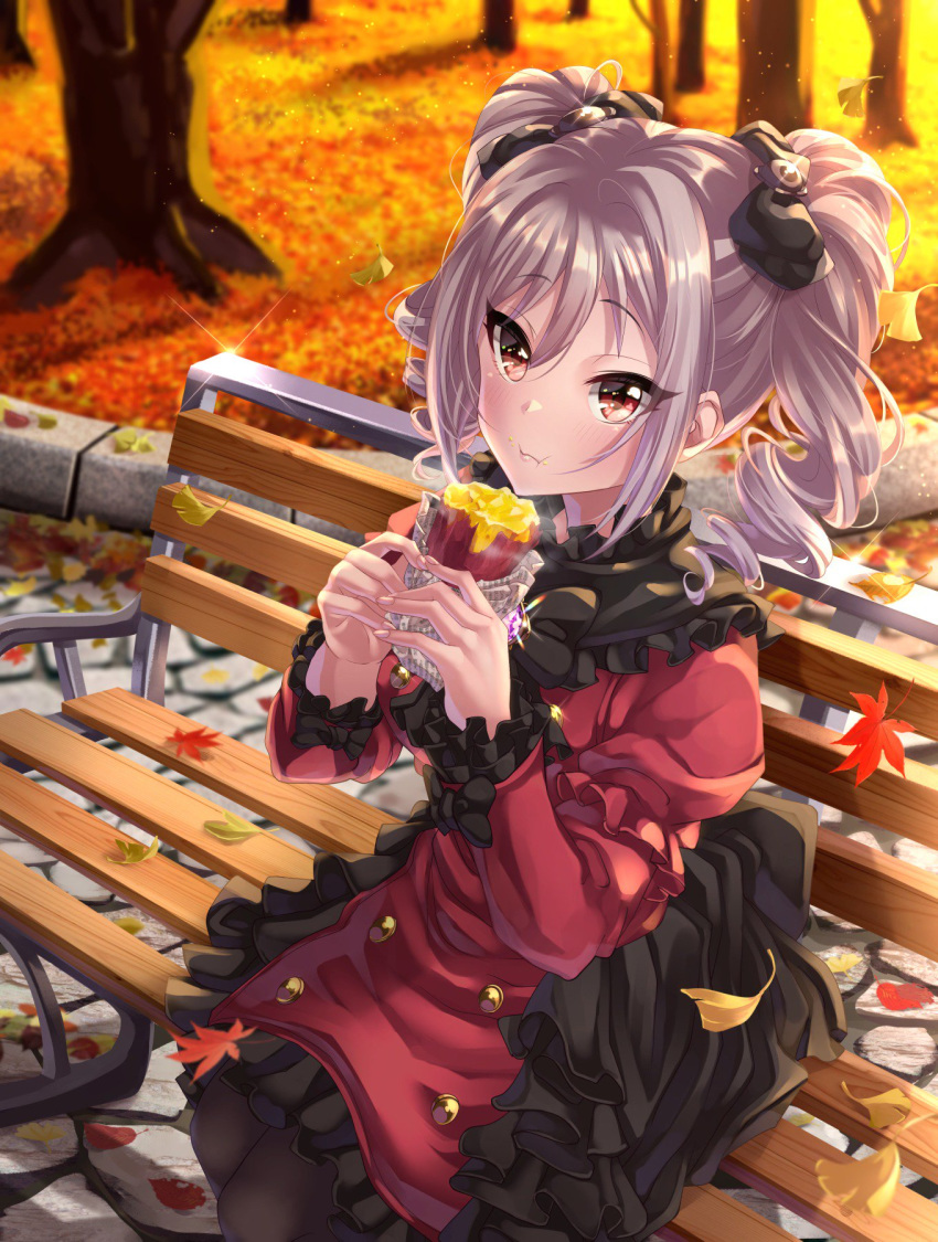 :t autumn autumn_leaves bangs bench black_frills black_legwear black_ribbon blush brown_eyes buttons cobblestone commentary_request dress drill_hair eating falling_leaves feet_out_of_frame food food_on_face frilled_dress frilled_shirt_collar frilled_sleeves frills glint hair_ribbon highres holding holding_food idolmaster idolmaster_cinderella_girls juliet_sleeves kanzaki_ranko leaf legs_together long_sleeves outdoors pantyhose park_bench puffy_sleeves red_dress red_eyes ribbon silver_hair sitting solo sunset sweet_potato tdnd-96 tree twin_drills twintails yakiimo