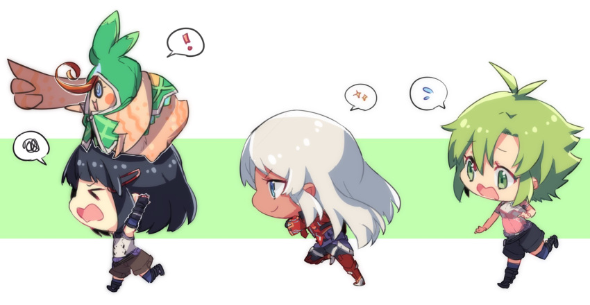 black_hair blue_eyes blush bodysuit breasts chibi dark_skin elma_(xenoblade_x) feather_hair gloves hair_ornament highres long_hair lynlee_kuu multiple_girls shirohunter short_hair simple_background smile tatsu_(xenoblade_x) weapon white_hair xenoblade_(series) xenoblade_chronicles_x