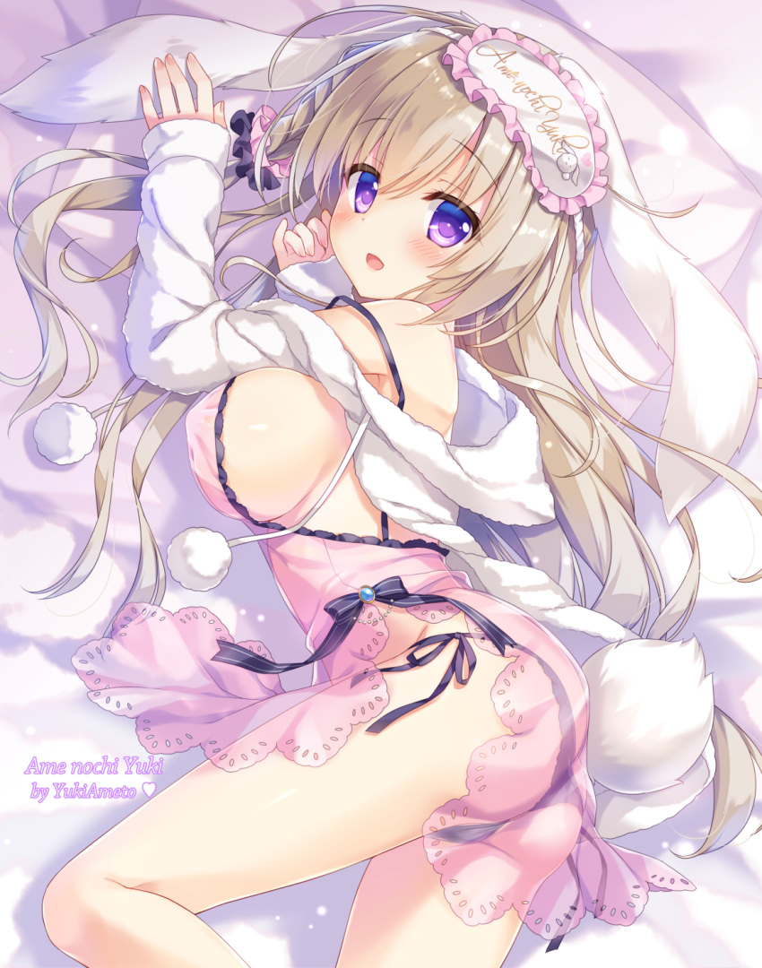 :d ameto_yuki animal_ears arm_up artist_name ass babydoll bangs bare_shoulders bed_sheet blush breasts bunny_ears bunny_girl bunny_tail commentary_request ecru_(ameto_yuki) eyebrows_visible_through_hair fingernails frills hair_between_eyes hand_up heart highres hood hood_down hooded_jacket jacket large_breasts light_brown_hair long_hair long_sleeves looking_at_viewer looking_to_the_side lying mask mask_on_head on_side open_clothes open_jacket open_mouth original panties pink_babydoll purple_eyes purple_panties see-through side-tie_panties sleep_mask sleeves_past_wrists smile solo strap_slip tail underwear very_long_hair white_jacket