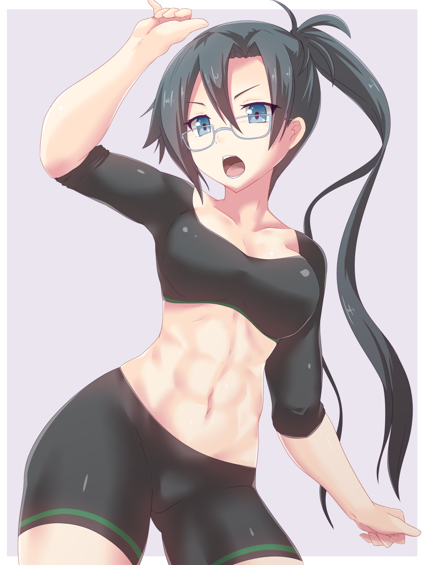 abs absurdres amagiri_(kantai_collection) arm_up bike_shorts black_hair black_shorts blue_eyes border breasts collarbone cowboy_shot glasses grey_background hair_between_eyes highres kantai_collection long_hair looking_at_viewer medium_breasts midriff navel open_mouth outside_border ponytail shorts silver-framed_eyewear simple_background sleeves_pushed_up solo tight twinameless white_border