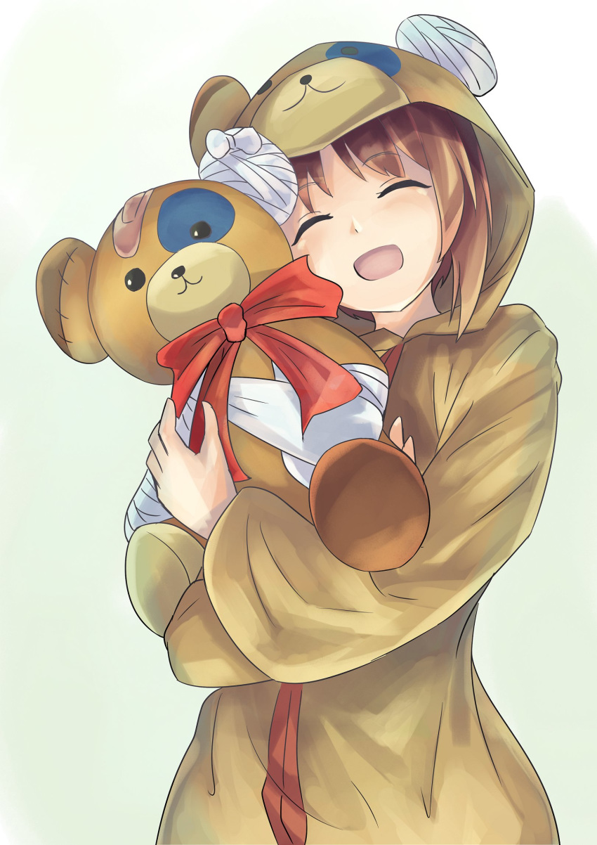 animal_costume bandages bandaid bangs bear_costume bear_hood boko_(girls_und_panzer) boko_(girls_und_panzer)_(cosplay) bow brown_hair commentary cosplay eyebrows_visible_through_hair facing_viewer girls_und_panzer head_tilt highres holding holding_stuffed_animal kakimoto_nao long_sleeves nishizumi_miho onesie open_mouth pajamas red_bow short_hair smile solo standing stuffed_animal stuffed_toy teddy_bear upper_body