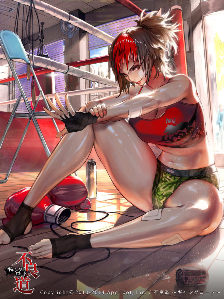 absurdres bandage_on_face bandages bandaid_on_leg bare_shoulders blinds bottle boxing_gloves boxing_ring breasts brown_eyes brown_hair building camouflage camouflage_shorts ceiling chair character_request cleavage fan furyou_michi_~gang_road~ hand_wraps highres jump_rope knee_up large_breasts leg_wrap legs looking_at_viewer multicolored_hair navel nightmadness ponytail red_hair red_tank_top shiny shiny_skin shorts sitting sky skyscraper smile tile_ceiling tile_floor tiles water_bottle watermark window