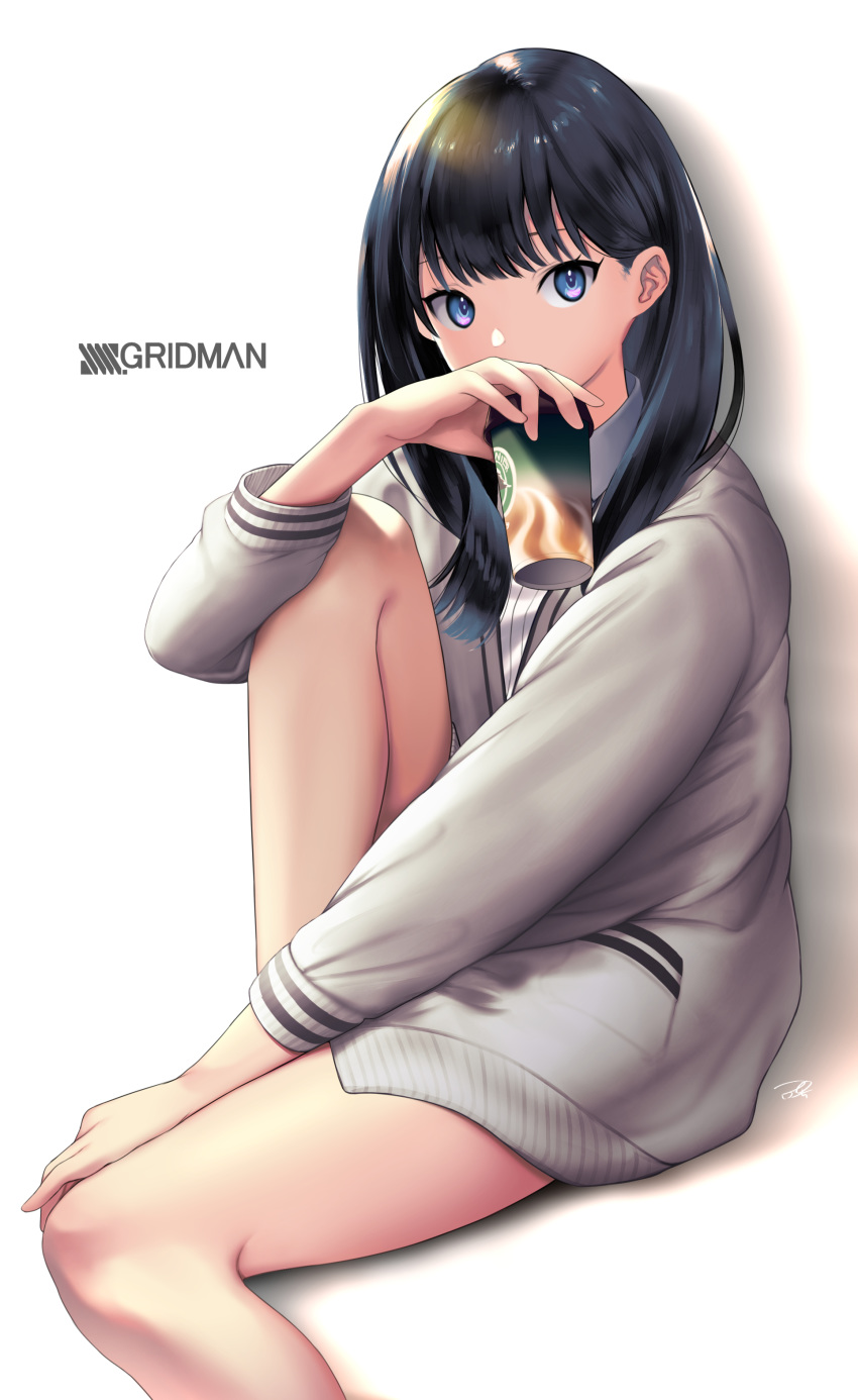 absurdres bangs bare_legs black_hair blue_eyes commentary_request copyright_name cup disposable_cup grey_cardigan hand_on_own_knee highres holding holding_cup knee_up long_hair long_sleeves looking_at_viewer puchiman shadow shiny shiny_hair signature simple_background sitting solo ssss.gridman starbucks takarada_rikka white_background