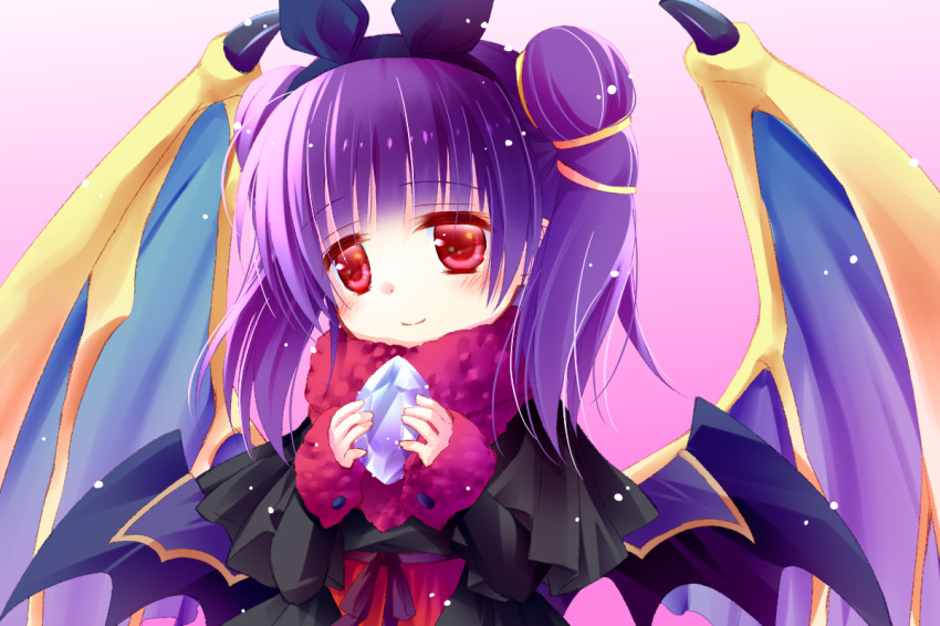 bangs black_capelet black_dress black_hairband black_wings blush capelet chibi closed_mouth crystal dragon_wings dress eyebrows_visible_through_hair fire_emblem fire_emblem:_seima_no_kouseki fur_collar gradient gradient_background hairband hands_up holding long_hair long_sleeves mamkute myrrh pink_background purple_hair purple_wings red_eyes sasaki_fumi sidelocks sleeves_past_wrists smile solo twintails upper_body wings