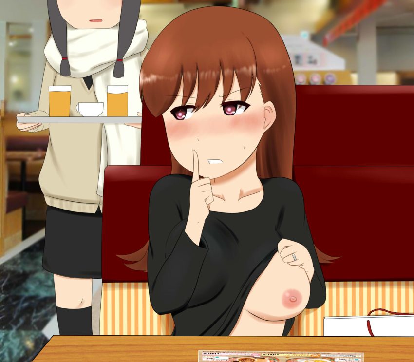 areolae black_legwear black_shirt black_skirt blush breasts brown_hair clenched_teeth collarbone commentary_request finger_to_mouth flashing furrowed_eyebrows head_out_of_frame highres hyugakomati indoors jewelry kantai_collection kitakami_(kantai_collection) large_breasts lifted_by_self long_sleeves looking_at_another multiple_girls nipples no_bra ooi_(kantai_collection) parody public_nudity restaurant ring shibafu_(glock23)_(style) shirt shirt_lift shushing sitting sketch_eyebrows skirt striped sweatdrop teeth vertical_stripes