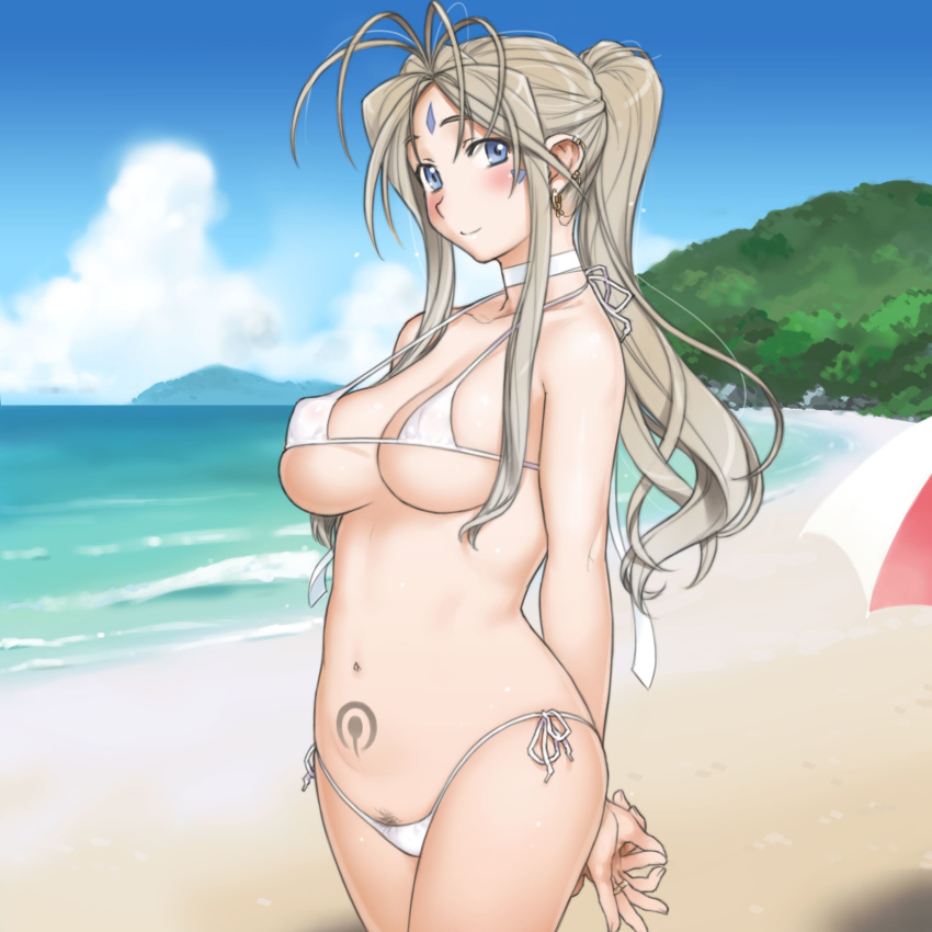 aa_megami-sama absurdres antenna_hair beach belldandy bikini blue_eyes blush breasts brown_hair covered_nipples earrings facial_mark forehead_mark goddess highres jewelry kiriyama_taichi long_hair looking_at_viewer medium_breasts micro_bikini navel outdoors ponytail ring side-tie_bikini smile solo source_request swimsuit tattoo underboob white_bikini