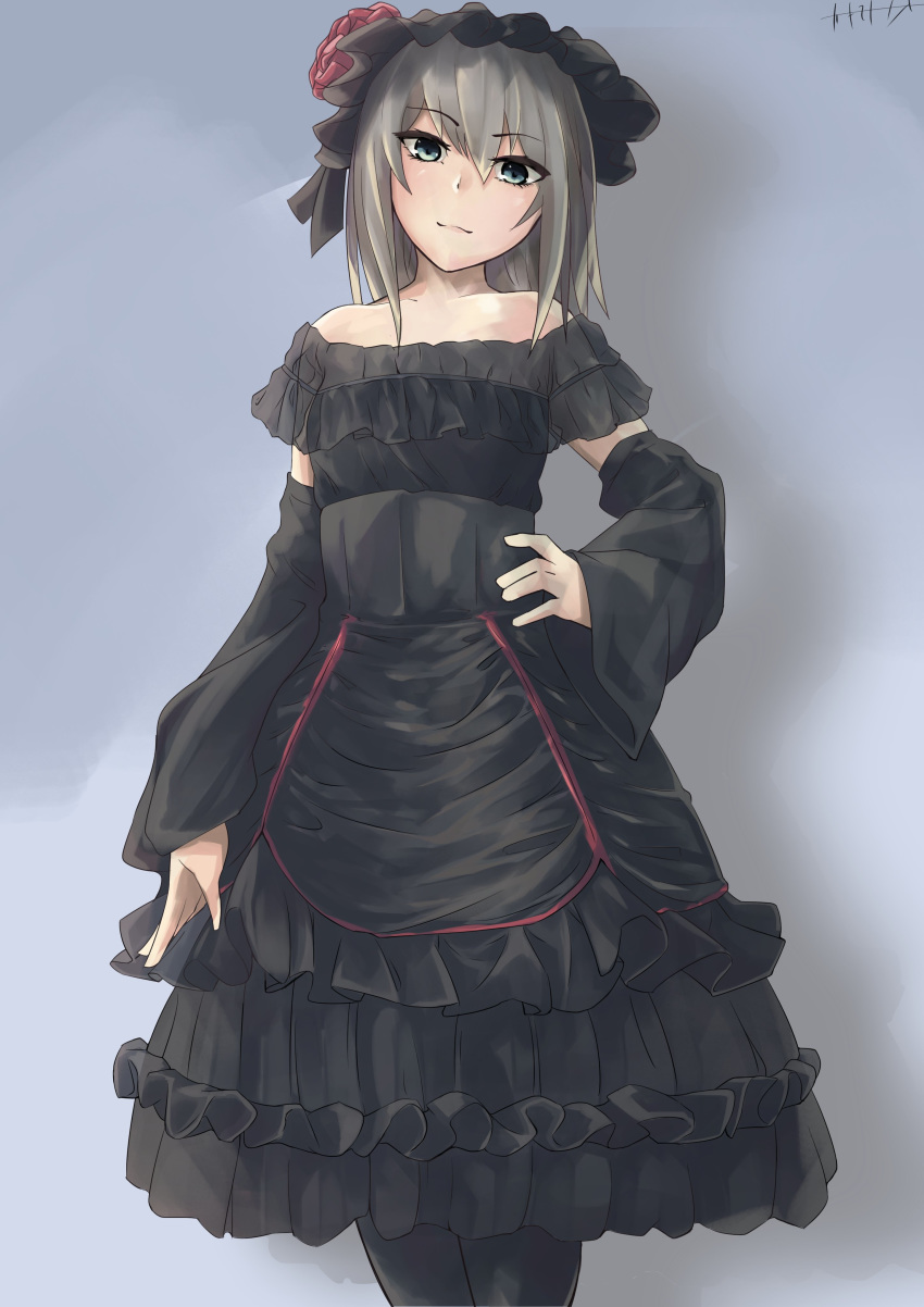 absurdres alternate_costume artist_name bare_shoulders black_dress black_hair black_legwear blue_eyes closed_mouth commentary detached_sleeves dress eyebrows_visible_through_hair flower frilled_dress frilled_hairband frills girls_und_panzer gothic_lolita hair_flower hair_ornament hairband hand_on_hip head_tilt highres itsumi_erika kakimoto_nao layered_dress lolita_fashion lolita_hairband long_hair looking_at_viewer medium_dress off-shoulder_dress off_shoulder pantyhose red_flower red_rose rose signature silver_hair smile solo standing wide_sleeves