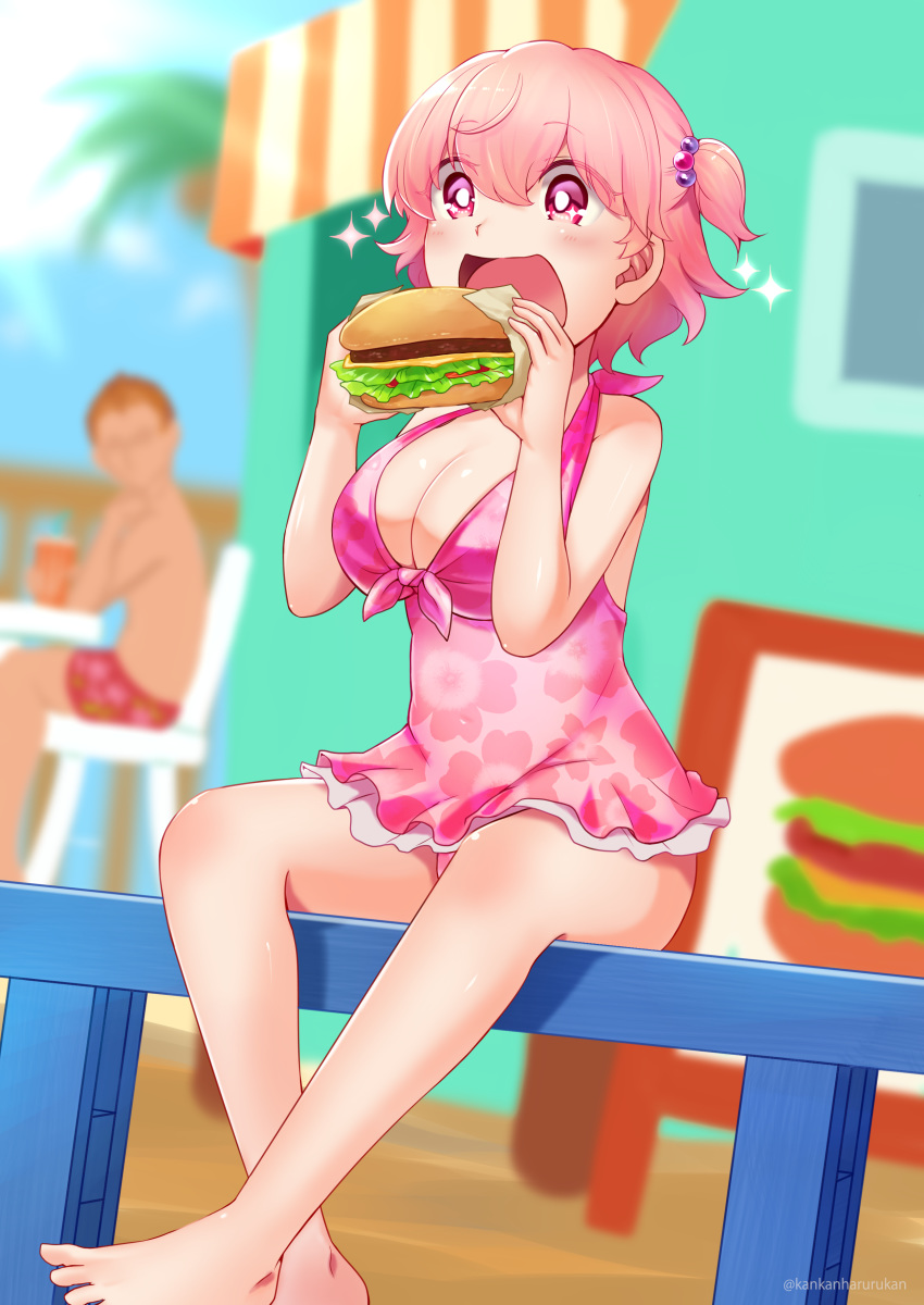 1girl absurdres areolae barefoot blush breasts cleavage feet food full_body hamburger haruka_(yakitoritabetai) highres large_breasts one-piece_swimsuit one_side_up original pink_eyes pink_hair short_hair solo_focus sparkle swimsuit