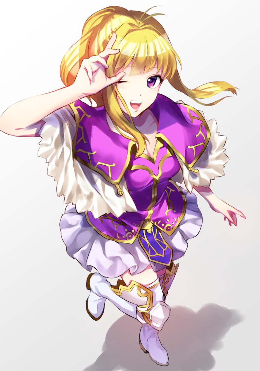 blonde_hair boots breasts clarine cleavage dress fire_emblem fire_emblem:_fuuin_no_tsurugi full_body gradient gradient_background highres kazakami_73 long_hair medium_breasts miniskirt one_eye_closed open_mouth ponytail purple_eyes simple_background skirt smile solo standing standing_on_one_leg thigh_boots thighhighs white_footwear white_legwear zettai_ryouiki