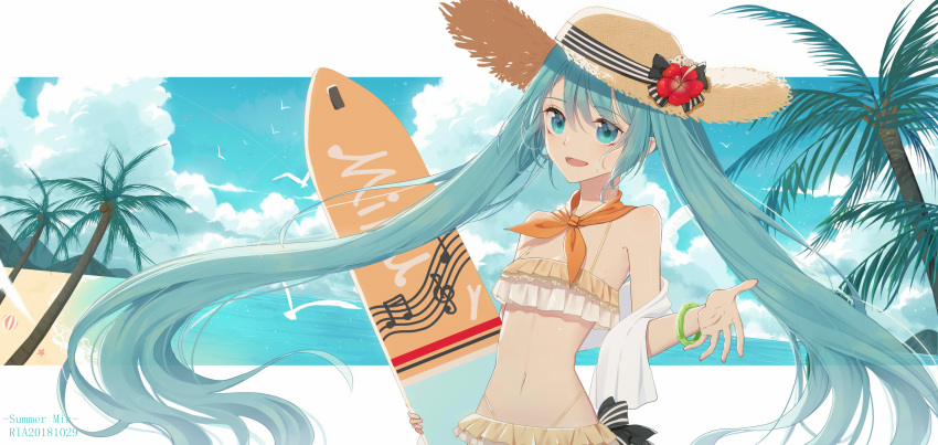 absurdres artist_name bird black_bow black_ribbon blue_eyes blue_hair blue_sky bow character_name collarbone day eyebrows_visible_through_hair flower hat hat_bow hat_flower hat_ribbon hatsune_miku highres long_hair looking_at_viewer navel ocean open_mouth outdoors palm_tree ribbon saikou-iro_aurora sky smile solo striped striped_bow striped_ribbon summer sun_hat surfboard tree twintails very_long_hair vocaloid white_bow white_ribbon