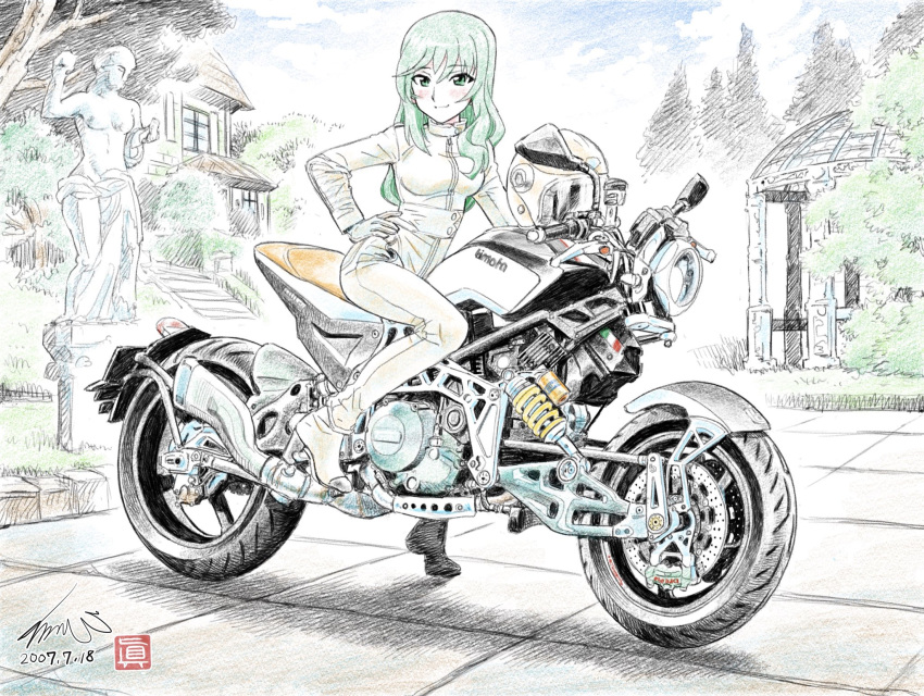 alternate_eye_color alternate_hair_color artist_name bangs bodysuit boots building bush closed_mouth cloud cloudy_sky commentary dated day girls_und_panzer gloves green_eyes green_hair ground_vehicle hand_on_hip helmet highres kubota_shinji long_hair looking_at_viewer motor_vehicle motorcycle motorcycle_helmet outdoors riding shadow shimada_chiyo signature sky smile solo standing statue traditional_media tree vehicle_request watermark white_bodysuit white_footwear white_gloves