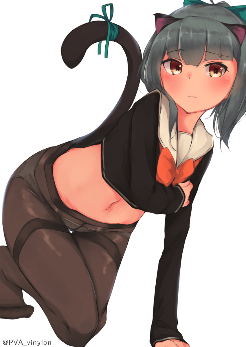 1girl absurdres adapted_costume alternate_costume alternate_hairstyle animal_ears arm_across_chest bangs blunt_bangs blush bow brown_eyes cat_ears cat_tail commentary_request green_ribbon grey_hair hair_bow highres kantai_collection legs looking_to_the_side medium_hair no_pants orange_bow panties panties_under_pantyhose pantyhose ribbon school_uniform simple_background solo tail tail_ribbon thigh_gap thighs tsurime twitter_username underwear uut white_background yuubari_(kantai_collection)