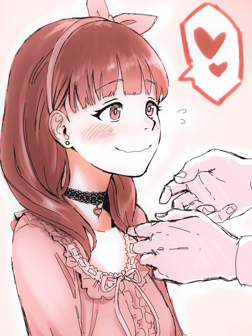 absurdres bangs birthday blush bow choker commentary ear_blush earrings eyebrows_visible_through_hair frilled_blouse gift haiokumantan_c hair_bow hairband hairband_bow hands heart heart_choker highres idolmaster idolmaster_cinderella_girls jewelry lace lace_choker medium_hair monochrome pendant pink sakuma_mayu sketch smile solo spoken_heart stud_earrings wavy_mouth white_background