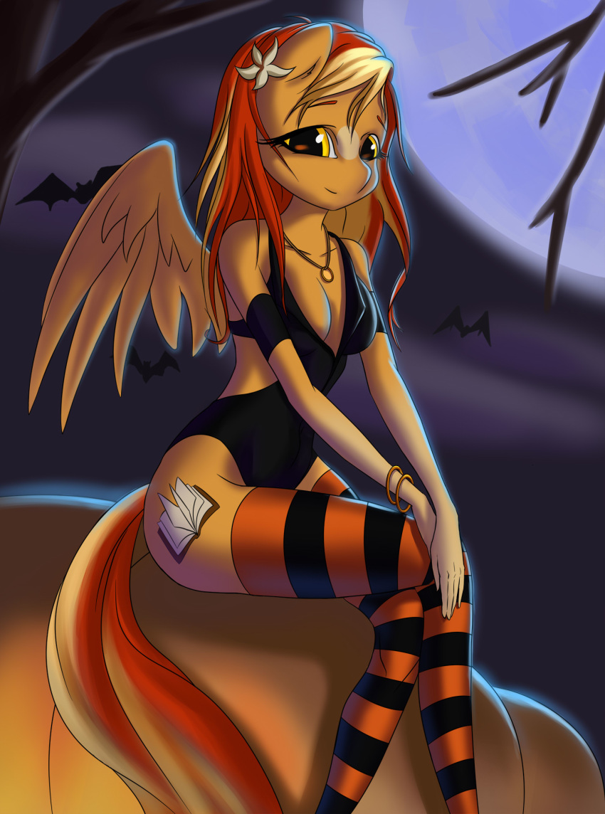 anthro bat breasts cleavage clothed clothing cutie_mark dress equine eyebrows eyelashes fafecalus female food fruit fur hair horse legwear long_hair looking_at_viewer mammal moon my_little_pony pony pumpkin solo tights tree wings