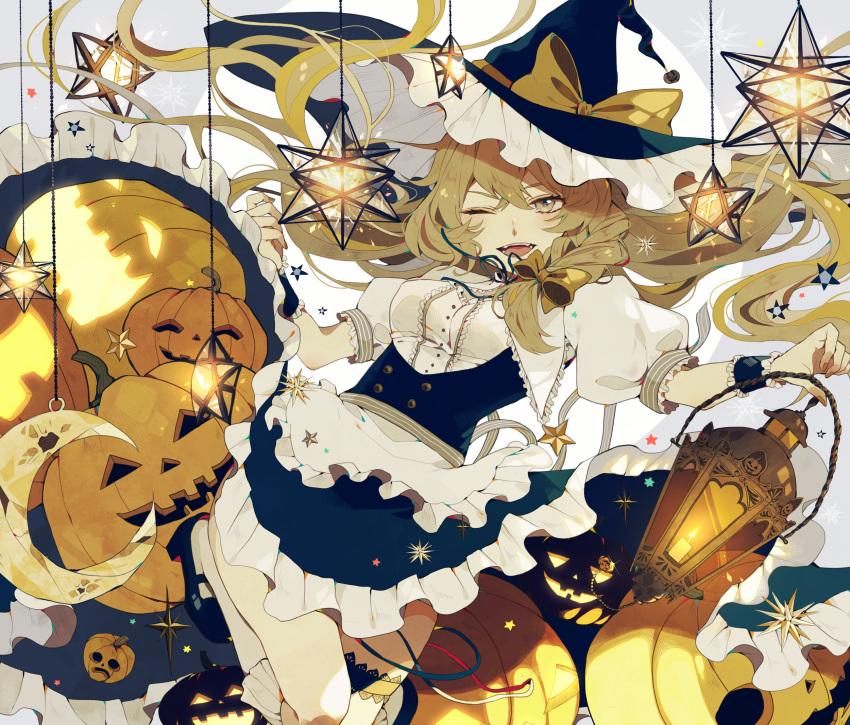 black_hat blonde_hair blush bow breasts brown_bow brown_ribbon crescent hair_bow halloween hat hat_bow hat_ribbon highres jack-o'-lantern kirisame_marisa lantern large_breasts looking_at_viewer one_eye_closed open_mouth puffy_short_sleeves puffy_sleeves ribbon satsuki_(miicat) short_sleeves smile solo touhou witch_hat