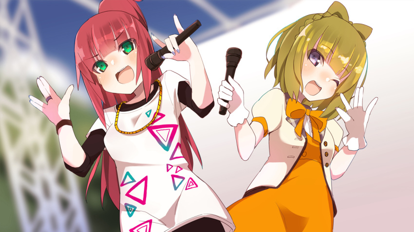 :d ;d \m/ alice_gear_aegis bangs black_pants blurry blurry_background blush bow breasts commentary_request depth_of_field dress dress_shirt eyebrows_visible_through_hair fingernails fujino_yayoi gloves green_eyes hands_up high_ponytail holding holding_microphone idol jacket jewelry light_brown_hair long_hair maze_(gochama_ze_gohan) microphone multiple_girls nail_polish one_eye_closed open_clothes open_jacket open_mouth orange_bow orange_dress pants ponytail puffy_short_sleeves puffy_sleeves purple_eyes purple_nails red_hair ring salute shimoochiai_touka shirt short_sleeves small_breasts smile stage upper_teeth very_long_hair vulcan_salute white_gloves white_jacket white_shirt wristband