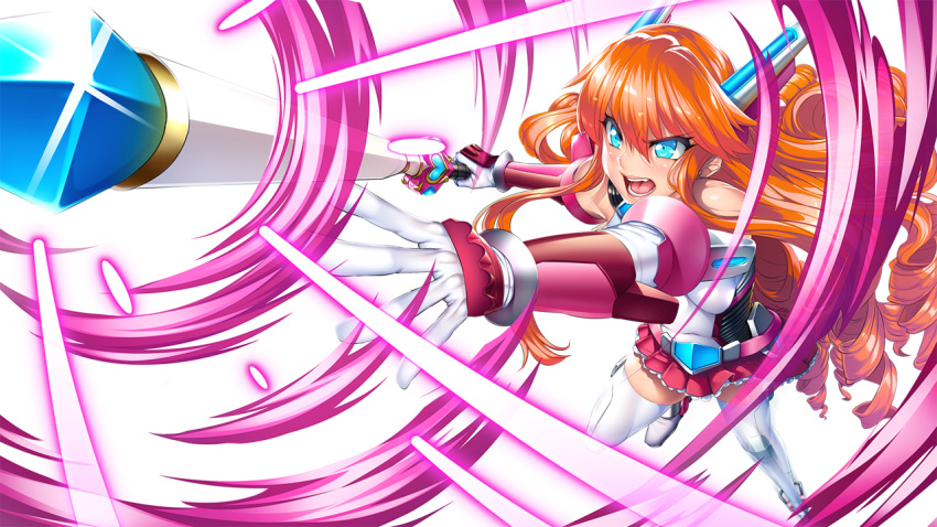 attack beam blue_eyes drill_hair frilled_skirt frills gloves headgear holding holding_wand magic magical_girl mechanical_arm mechanical_boots mechanical_parts miniskirt obui open_mouth orange_hair seigi_no_henshin_heroine_wo_sasaeru_ore_to_aku_no_onna_kanbu skirt solo thighhighs transparent_background wand zettai_ryouiki