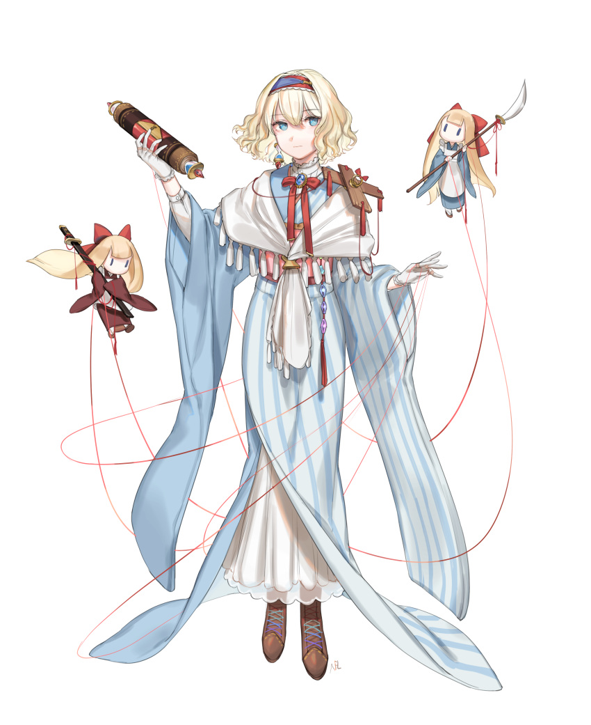absurdres alice_margatroid alternate_costume apron blonde_hair blue_eyes blue_kimono boots bow brooch brown_footwear capelet commentary eyebrows_visible_through_hair full_body gloves hair_between_eyes hair_bow hairband highres holding holding_spear holding_sword holding_weapon japanese_clothes jewelry katana kimono long_hair long_sleeves looking_at_viewer multiple_girls naginata neck_ribbon obi pink_sash polearm puppet_rings puppet_strings red_bow red_hairband red_kimono red_neckwear red_ribbon ribbon sash scabbard shan shanghai_doll sheath sheathed short_hair simple_background spear standing striped sword touhou vertical-striped_kimono vertical_stripes weapon white_apron white_background white_capelet white_gloves wide_sleeves