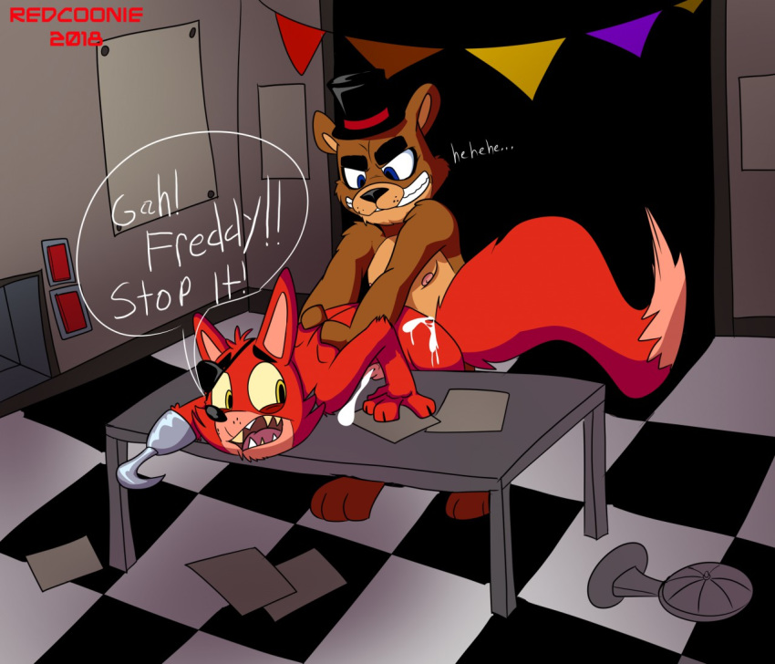 2018 anal anal_penetration animatronic anthro balls bear belly brown_fur canine cum cum_inside cumshot desk detailed_background dialogue digital_media_(artwork) duo ejaculation english_text erection eye_patch eyewear fan_(disambiguation) five_nights_at_freddy's forced fox foxy_(fnaf) freddy_(fnaf) fur hat hi_res hook_hand humanoid_hands humanoid_penis machine male male/male mammal nipples nude office open_mouth orgasm overweight overweight_male penetration penis rape redcoonie robot sex slightly_chubby smile standing teeth text top_hat video_games