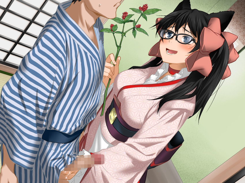 1girl animal_ears black-framed_eyewear black_hair blue_eyes blush breasts censored choker clownculture cosplay erection from_above glasses hair_ribbon handjob highres holding indoors japanese_clothes kimono large_breasts long_hair looking_at_another mosaic_censoring obi open_mouth original otome_youkai_zakuro penis plant ribbon sash solo_focus standing twintails zakuro_(otome_youkai_zakuro)