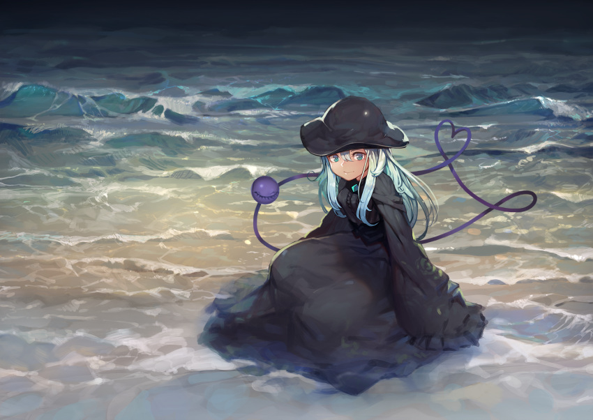 alternate_costume black_dress black_hat breasts closed_mouth commentary_request dress full_body green_eyes green_hair hair_between_eyes hat heart heart_of_string komeiji_koishi light_smile long_hair looking_at_viewer medium_breasts onion_(onion_and_pi-natto) outdoors sash sitting sleeves_past_wrists solo third_eye touhou water waves