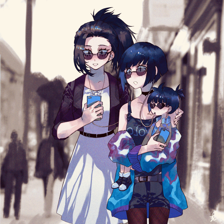 belt black_belt black_hair black_tank_top blue_hair blue_jacket boku_no_hero_academia cellphone child commentary_request day dress family grey_belt heart heart-shaped_eyewear highres holding holding_phone if_they_mated ips_cells jacket jewelry jirou_kyouka looking_at_phone multiple_girls necklace outdoors pantyhose phone red_legwear road smartphone street sunglasses tank_top white_dress yaoyorozu_momo yuko_ec yuri