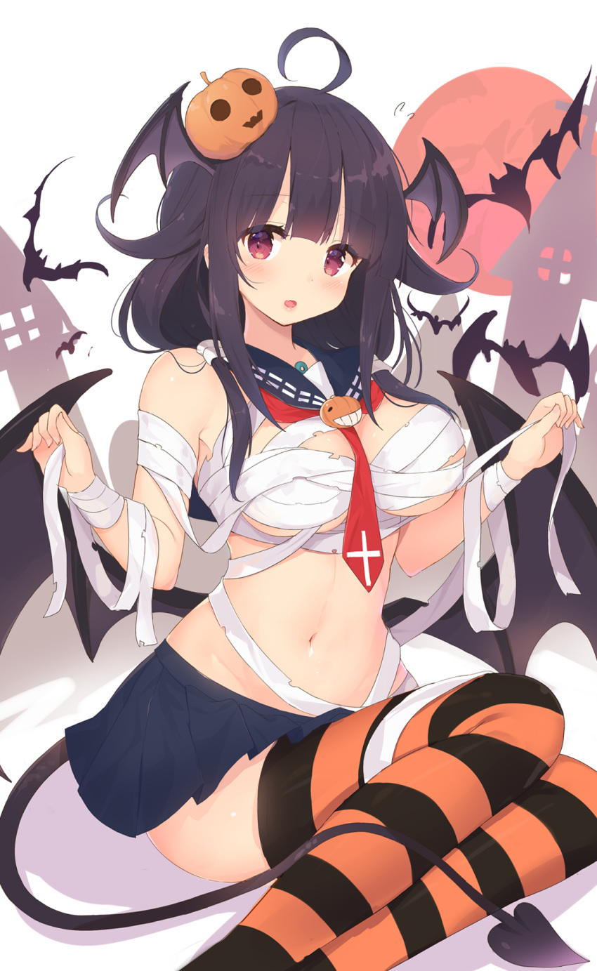 ahoge alternate_costume bandages bangs bat bat_hair_ornament bat_wings blue_skirt blush breasts commentary_request demon_tail detached_collar fake_wings food_themed_hair_ornament hair_flaps hair_ornament halloween highres kagerou_(shadowmage) kantai_collection large_breasts long_hair looking_at_viewer low_twintails low_wings navel necktie open_mouth pumpkin_hair_ornament purple_hair red_eyes red_neckwear sailor_collar sidelocks sitting skirt solo stomach taigei_(kantai_collection) tail thighhighs twintails wings yokozuwari