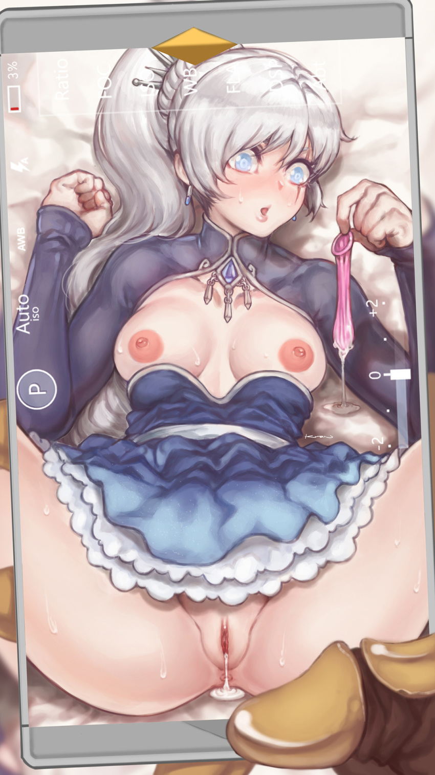 after_sex after_vaginal anus areolae blue_eyes blush breasts breasts_outside broken_condom cellphone cellphone_picture clenched_hand collarbone commentary condom cum cumdrip gem gloves highres holding holding_condom jaune_arc kuon_(kwonchanji) long_hair lying medium_breasts nipples no_bra no_panties on_back phone pov pussy rwby scar scar_across_eye shocked_eyes side_ponytail silver_hair solo_focus spread_legs surprised sweat viewfinder weiss_schnee
