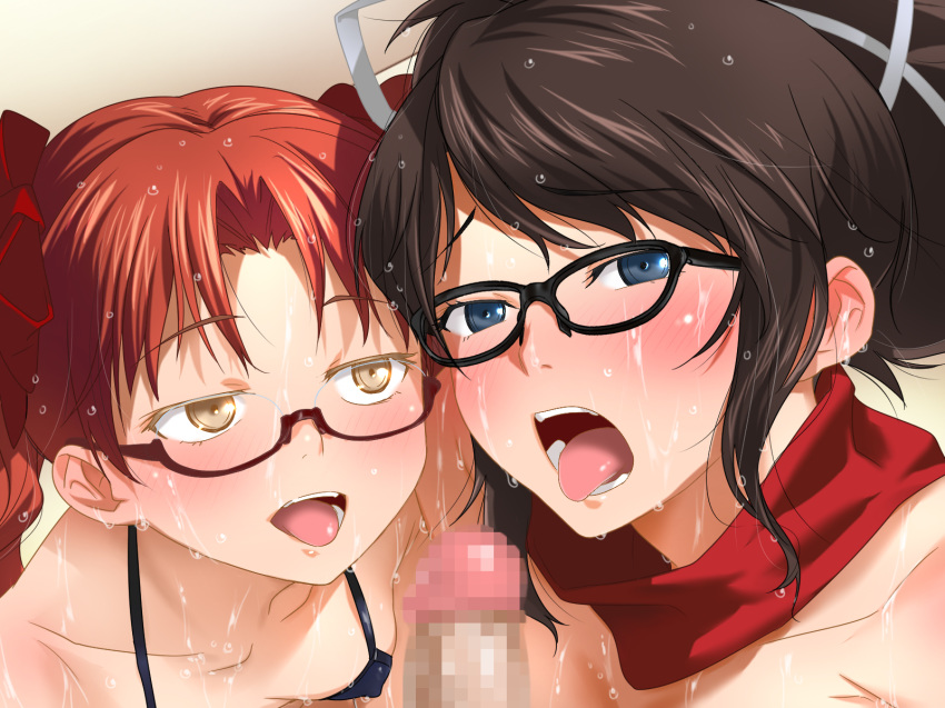 2girls asuka_(senran_kagura) asuka_(senran_kagura)_(cosplay) bikini black-framed_eyewear black_hair blue_eyes blush breasts censored clownculture cosplay embarrassed erect_nipples glasses high_ponytail highres looking_at_viewer mosaic_censoring multiple_girls open_mouth original penis ponytail pov red-framed_eyewear red_hair red_scarf scarf semi-rimless_eyewear senran_kagura shirai_kuroko shirai_kuroko_(cosplay) small_breasts swimsuit tied_hair to_aru_kagaku_no_railgun to_aru_majutsu_no_index tongue twintails wet yellow_eyes