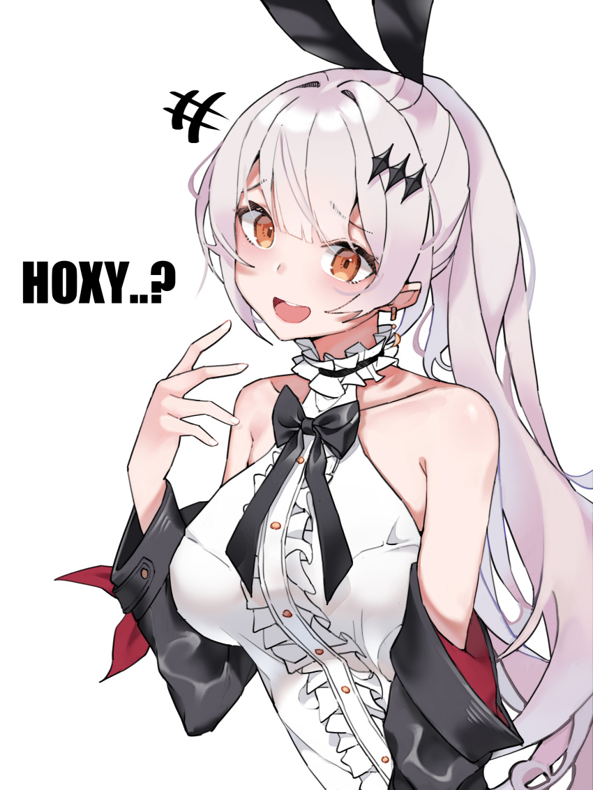 absurdres anparu black_bow blouse bow breasts bunny_hair_ornament commentary_request five-seven_(girls_frontline) girls_frontline hair_ornament highres long_hair looking_at_viewer medium_breasts meme ponytail silver_hair smile solo upper_body white_blouse yellow_eyes