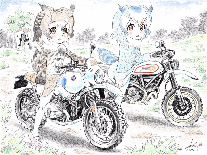 artist_name bangs bird_tail blue_sky bmw brown_coat brown_eyes brown_hair building check_commentary cloud cloudy_sky coat commentary commentary_request dated day dirt_road ducati eurasian_eagle_owl_(kemono_friends) fur_collar grass grey_coat ground_vehicle head_wings highres japari_symbol kemono_friends kubota_shinji light_frown long_sleeves looking_at_viewer mary_janes motor_vehicle motorcycle multiple_girls northern_white-faced_owl_(kemono_friends) open_mouth outdoors pantyhose pink_footwear red_eyes riding shoes short_hair signature sitting sky star_(sky) staring starry_sky tree vehicle_request watermark white_coat white_hair white_legwear