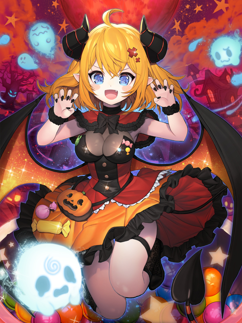 :d ahoge bangs bare_tree black_bow black_footwear black_legwear black_nails black_scrunchie black_wings blonde_hair blue_eyes blush_stickers bow breasts building candy capelet claw_pose cleavage commentary_request curled_horns demon_girl demon_horns demon_tail demon_wings eyebrows_visible_through_hair fang fingernails food frilled_skirt frills full_moon ghost hair_between_eyes hair_ornament halloween hands_up highres horns jack-o'-lantern kneehighs kuang_(kzhw7588) lace lace_legwear large_breasts looking_at_viewer moon nail_polish open_mouth orange_skirt orange_wings original pleated_skirt pointy_ears red_capelet red_moon red_shirt scrunchie shirt shoes skirt smile solo star strapless tail tombstone tree wings wrist_scrunchie x_hair_ornament