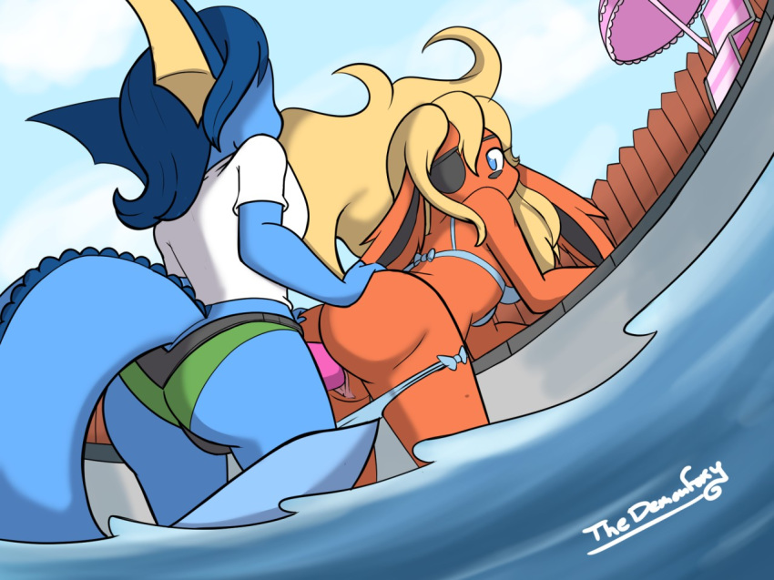 anthro blonde_hair blue_eyes blue_hair blue_skin bottomless breasts butt clothed clothing dildo duo eeveelution eye_patch eyewear female female/female female_penetrating fence flareon fluffy fluffy_tail from_behind_position fur hair hand_on_butt looking_back nintendo outside partially_submerged penetration pok&eacute;mon pok&eacute;mon_(species) pussy raised_tail rear_view red_fur sex sex_toy sky snout strapon swimsuit thedemonfoxy umbrella vaginal vaginal_penetration vaporeon video_games water white_shirt