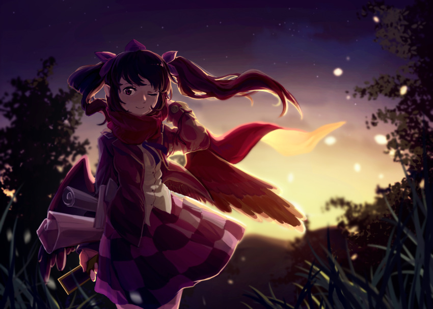 dark furahata_gen grass hair_blowing hand_behind_head highres himekaidou_hatate light_particles night night_sky one_eye_closed paper_roll purple_eyes red_scarf scarf sky smile solo star_(sky) sunset touhou tree twintails wings