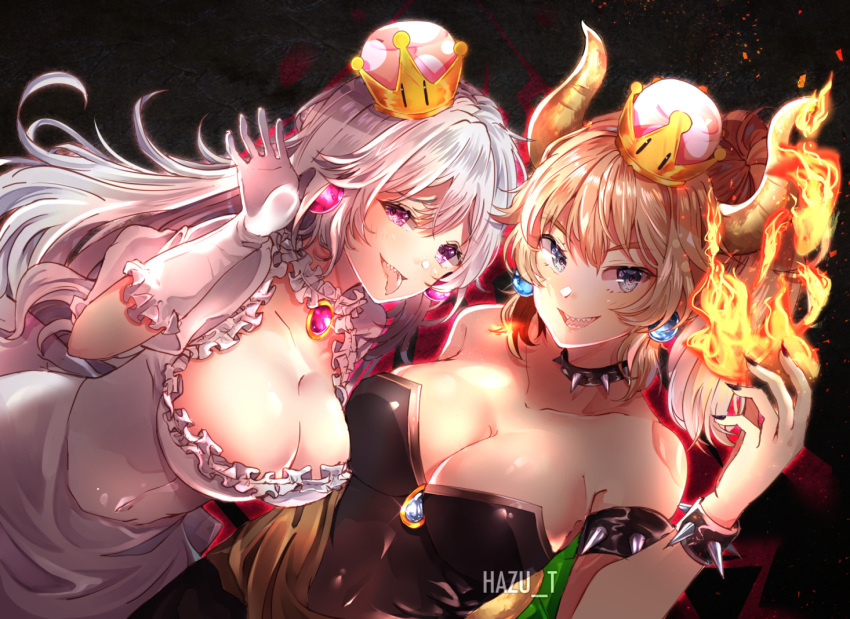 armlet artist_name bare_shoulders black_background black_dress black_nails blonde_hair blue_earrings blue_eyes bowsette bracelet breasts character_name choker cleavage collar collarbone covered_navel crown dress earrings fire frilled_choker frills gloves hazu_t horns jewelry large_breasts long_hair looking_at_viewer luigi's_mansion mario_(series) multiple_girls nail_polish new_super_mario_bros._u_deluxe open_mouth pink_earrings ponytail princess_king_boo purple_eyes salute sharp_teeth short_hair simple_background smile spiked_armlet spiked_bracelet spiked_collar spikes super_crown teeth tongue tongue_out white_choker white_dress white_gloves white_hair